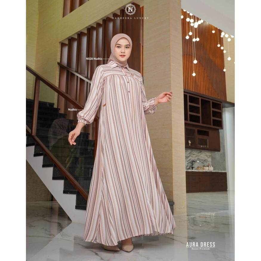 PROMO Aura Dress by Nadheera Luxury Gamis Terbaru Rayon Premium Motif Salur - Nudhis, S