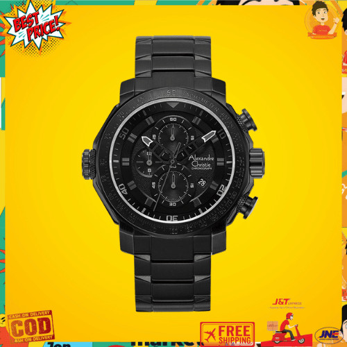 Jam Tangan Pria Alexandre Christie Chronograph AC 6565 MCMen Black Dial Black Stainless Steel Strap 