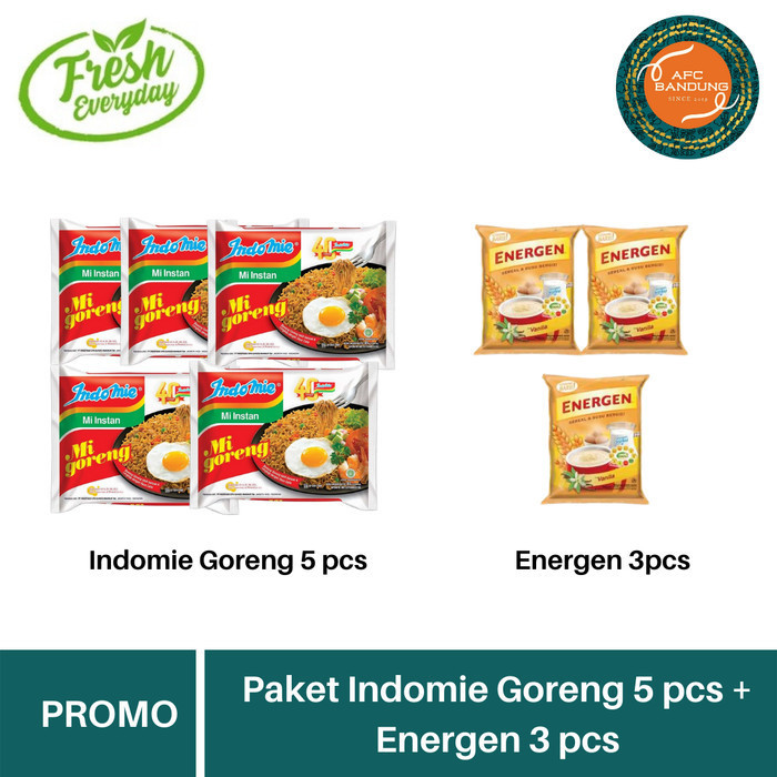 

PAKET Indomie Goreng 5 pcs + Energen 3 Sachet