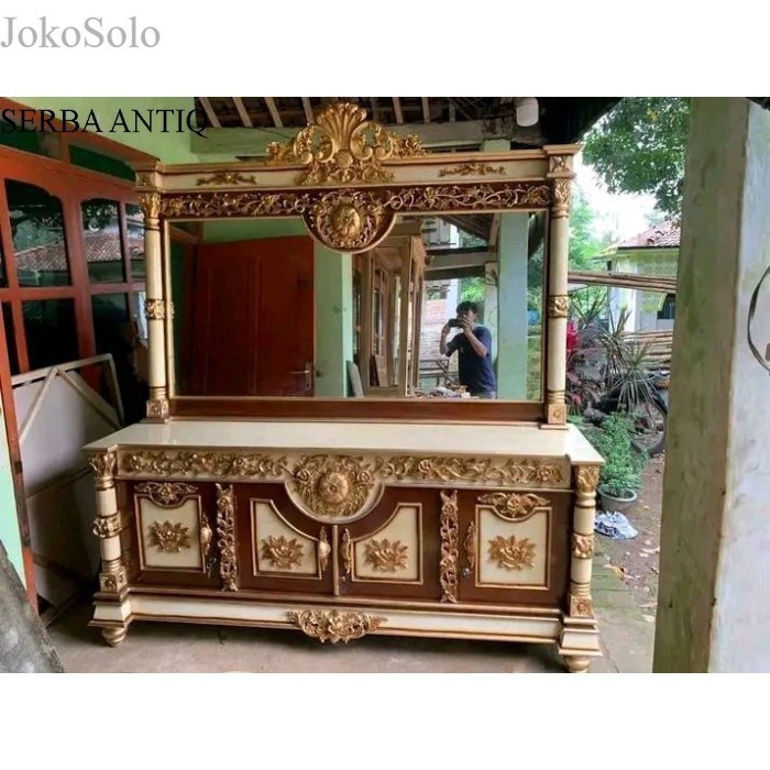 

SA Termurah meja rias Queen Jodha ukir kayu jati finishing putih emas murah