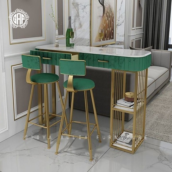 Set meja bar panjang kaki besi kombinasi jok top marmer bar stool new