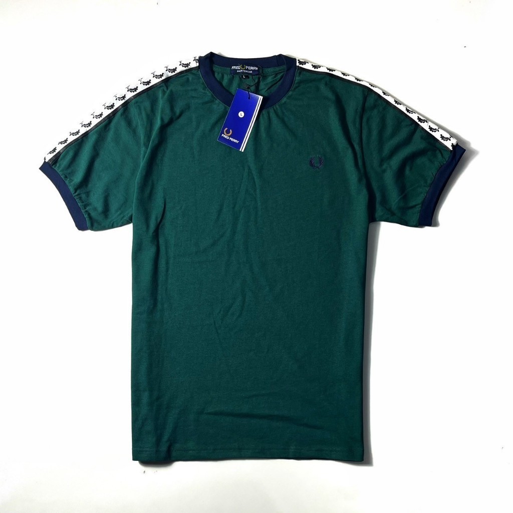 KAOS TSHIRT FRED PERRY RINGER NAVY TAPED GREEN