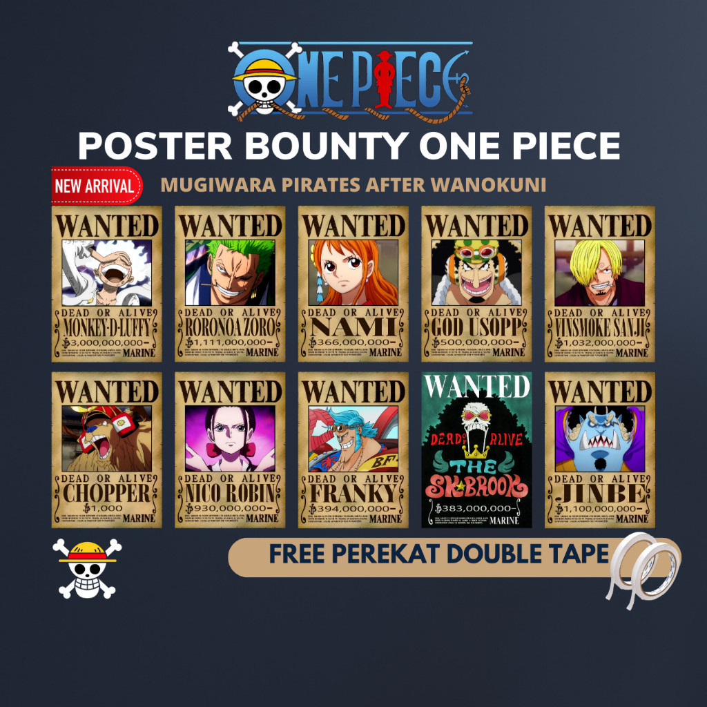 [LUCKY] KUALITAS Poster Bounty One Piece Terbaru 1 set kru Komplit Mugiwara Ukuran A4 / Dekorasi din