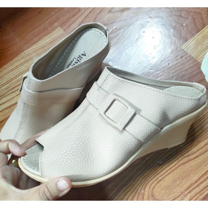 EW35B sandal kulit wanita daltu sandal sukaregang garut tutong depan terbuka sandal wanita kulit sap