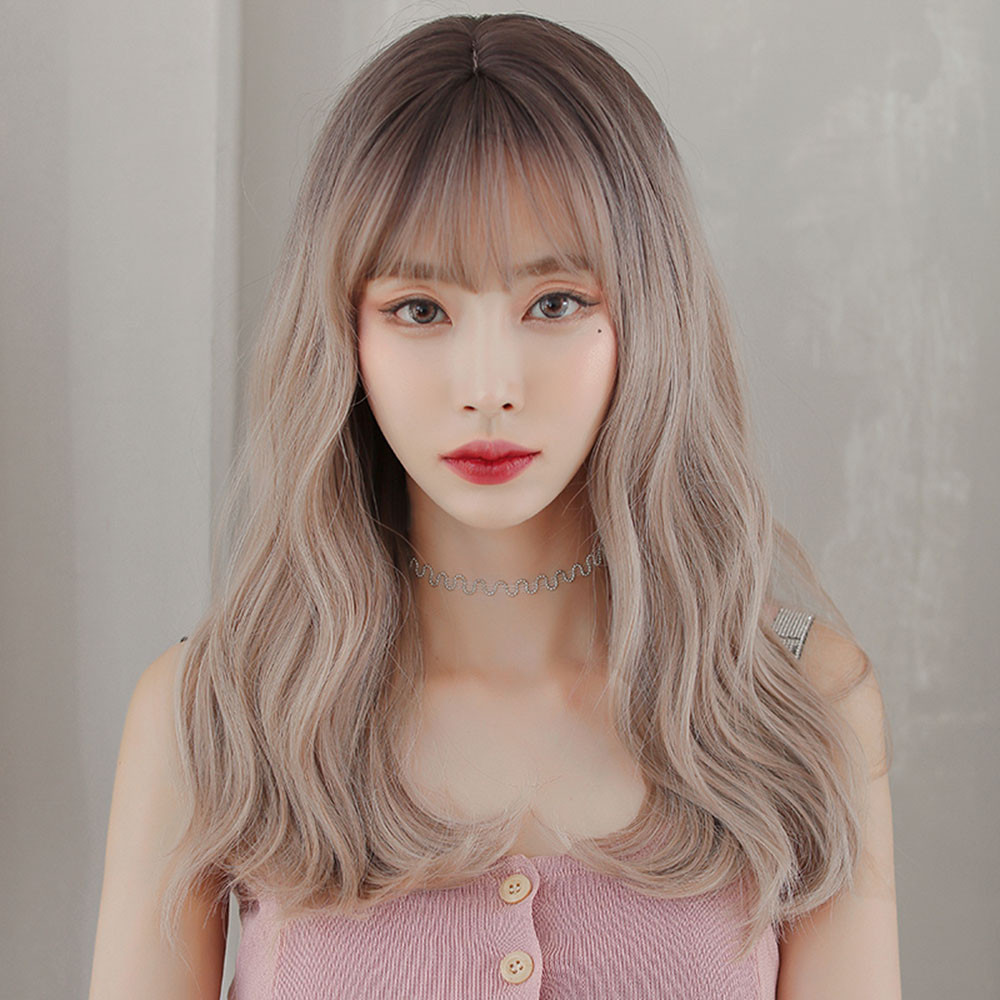 Wig Ombre Fashion rambut 20 inci Wig keriting panjang sintetis dengan poni rambut Cosplay untuk wani