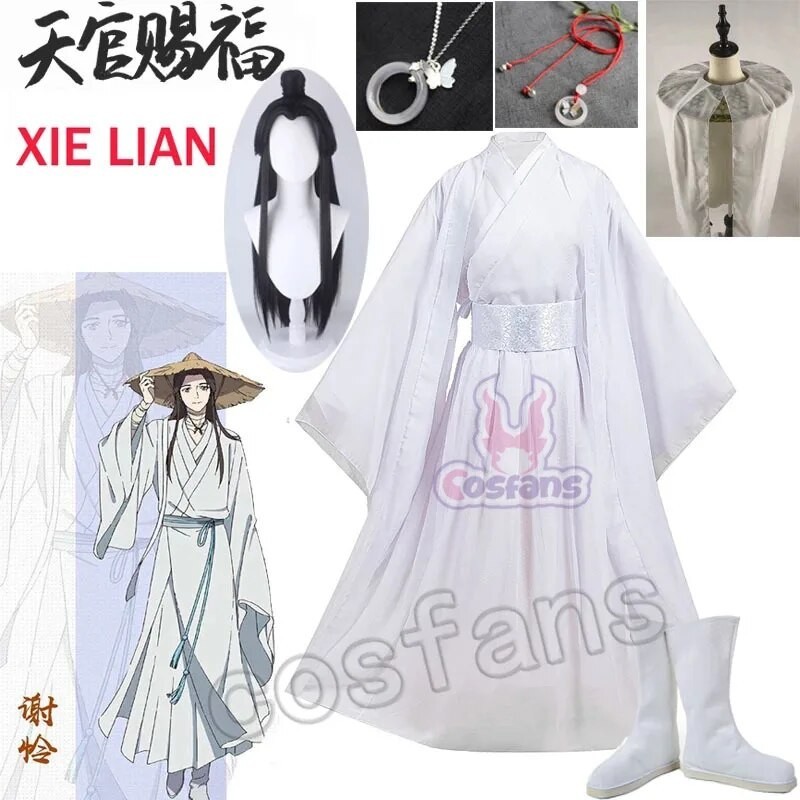 Kostum Cosplay Xie Lian Cosplay Tian Guan Ci Fu Rambut Palsu Xielian Topi Bambu Properti Pakaian Ani