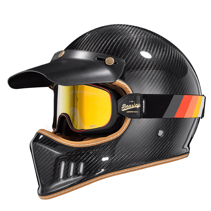 Helm sepeda motor serat karbon helm pelindung sepeda motor Vintage dengan lensa tepi sertifikasi DOT
