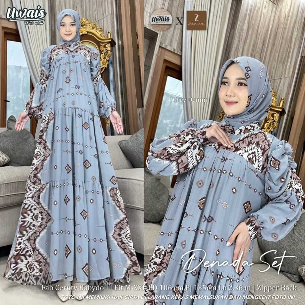 [MODEL MOTIF BARU] Denada Set Hijab by Uwais x Zazaa Label  Gamis Maxi Dress Setelan Jilbab Segi Emp