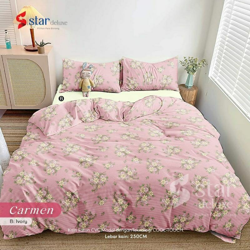 Bedcover + sprei anti geser katun star motif CARMEN bunga  mix polos || 2 variasi warna pink dan bir