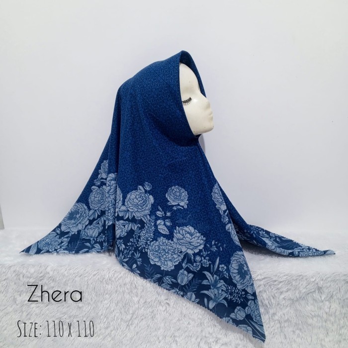 Hijab (Zhera) jilbab segiempat motif biru navy dongker voal premium