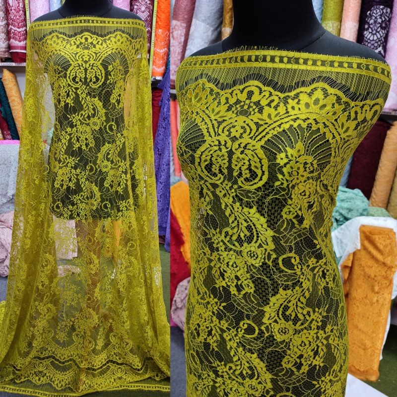 kain brokat semi francis metalik warna hijau lemon bakal kain kebaya semi prancis olive