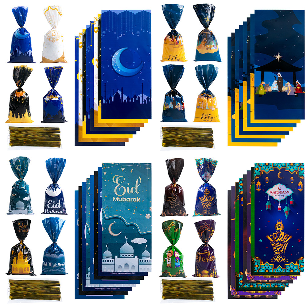 

100pcs Eid Mubarak Gift Bags Ramadan Decorations Clear Goodie Candy Bags Plastic Cellophane Treat Bags for Hajj Mubarak Decor
