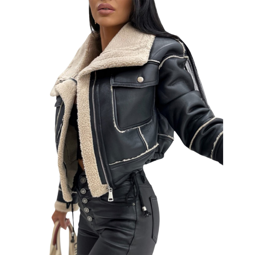 Women PU Faux Fur Leather Jacket Faux Fur Open Front Casual Furry Collar Lapel Short Parka Coat Warm