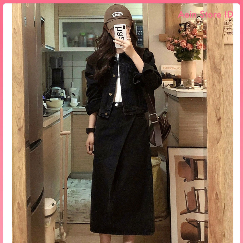 AEIN Lucy Bliss Jacket + Rok One Set | Set Jaket & Rok Jeans Korean Style - Outfit Wanita Modis, Ele