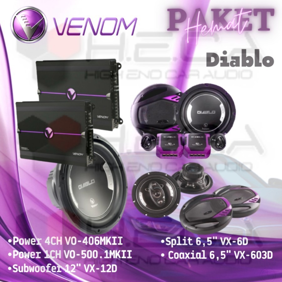 Paket Hemat VENOM Diablo Audio Mobil Full Set Speaker Subwoofer Power