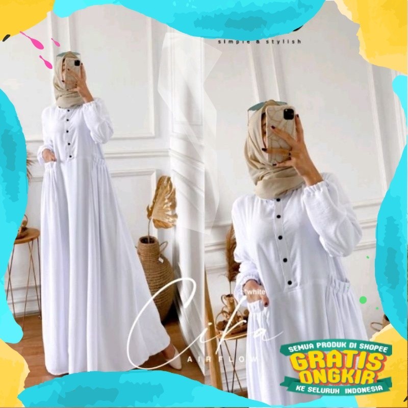 gamis cika/ gamis cika nabtik/gamis polos/ gamis putih polos/gamis kringkle air flow/gamis kekinian 