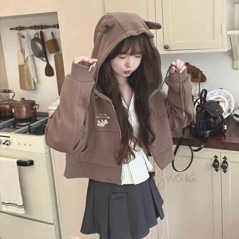 HOODIE BEAR BUDDY ZIPPER JACKET CROP TOPI TELINGA ATASAN WANITA LUCU