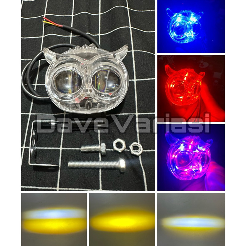 Lampu Tembak Sorot Mobil Motor Model Owl Cahaya Putih Kuning + Senja Biru Merah Motor Mobil vario MI