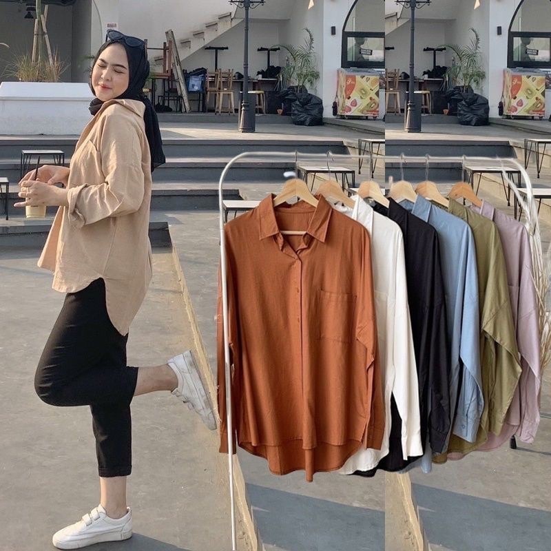 KEMEJA RAYON POLOS SAKU, KEMEJA BASIC WANITA, KEMEJA PUTIH