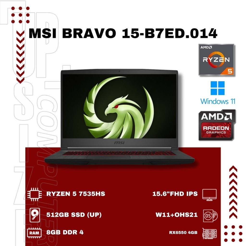 MSI BRAVO 15 B7ED-014 RYZEN 5-7535HS 512GB RX6550M 4GB 15.6" OHS W11