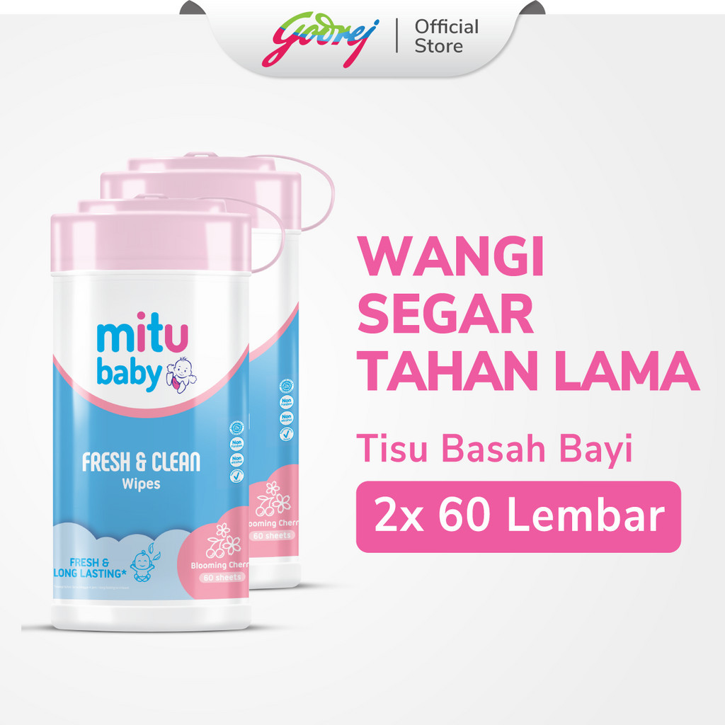 Mitu Baby Fresh & Clean Wipes Blooming Cherry Bottle 60'S x2 - Tisu Basah Bayi