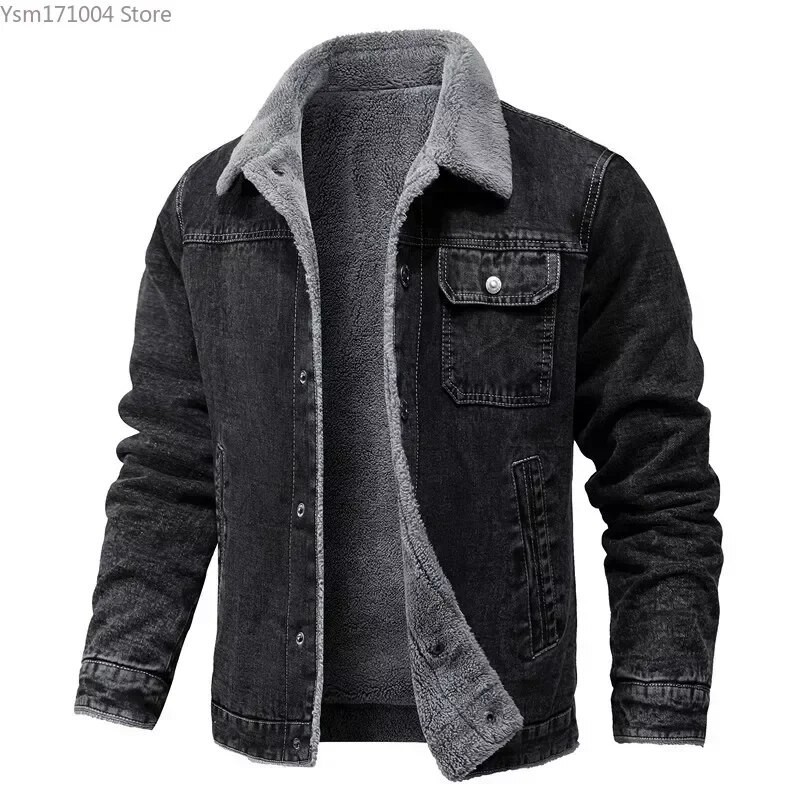 Jaket Denim tebal  pria, jaket Denim tebal bulu domba berkerah tinggi, jaket Denim ketat kasual Mode