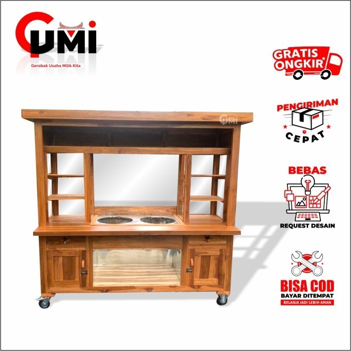 Gerobak Mie Ayam Bakso - Rombong Jualan Mie Ayam Bakso Etalase 2 - Kayu Mahoni, Paket Hemat