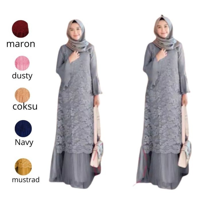 BEST SELLER-Bongkar Gudang Dress Remaja Gamis Brukat Maxi Tangan Panjang - Pelino - Size M, L, XL - 