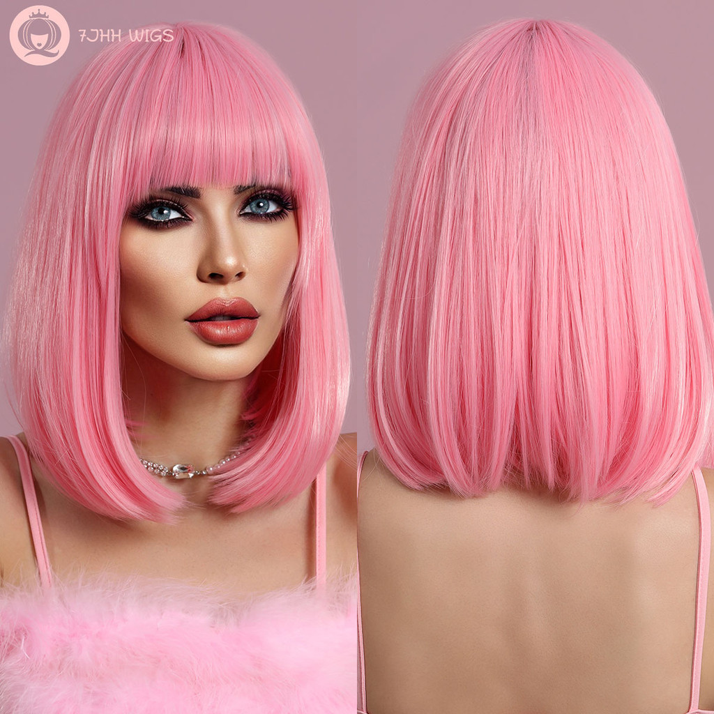 Wig Bob 7JHH Sedikit Wig dengan Poni untuk Wanita Wig Pendek Warna-warni Sintetis Tahan Panas untuk 