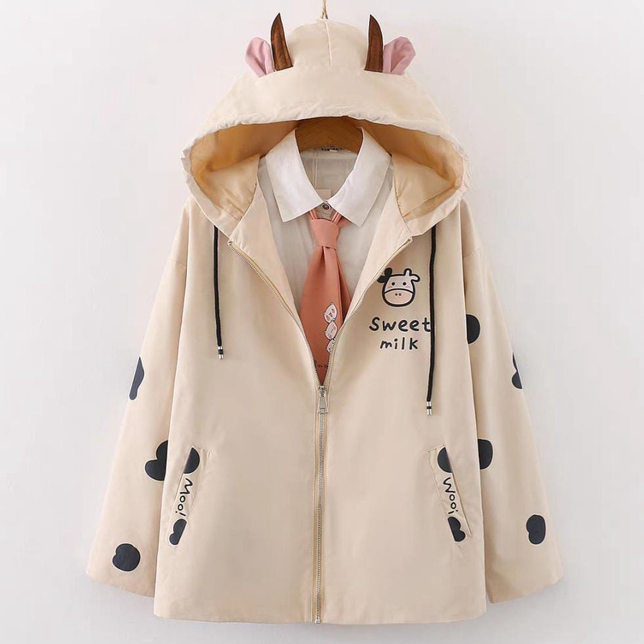 SWEET MILK COW ZIPPER JACKET HOODIE TOPI TELINGA LUCU (PH) all sz
