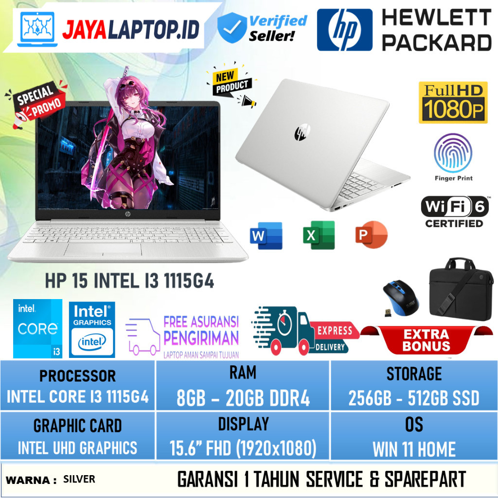 Laptop Murah Baru HP 15 Core I3 1115G4 Ram 20GB 512GB Ssd FHD Fingerprint Silver