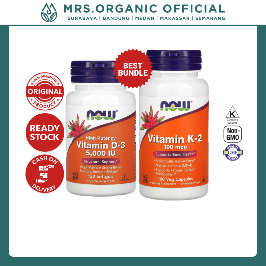 Suplemen Vitamin Now Foods D3 5000 iu + K2 100 mcg - Kesehatan Imun Tulang Gigi Sendi Jantung