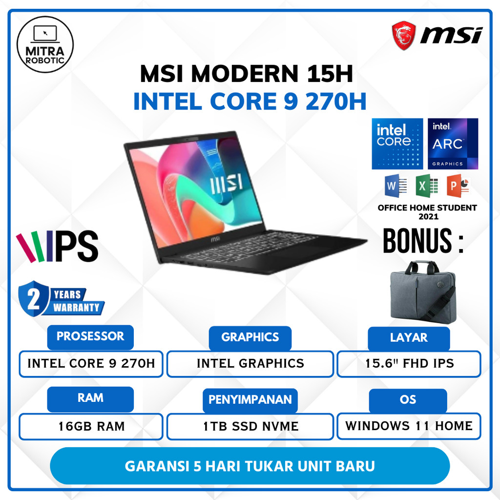 Laptop MSI Modern 15H Intel Core 9 270H 16GB 1TB SSD 15.6"FHD IPS