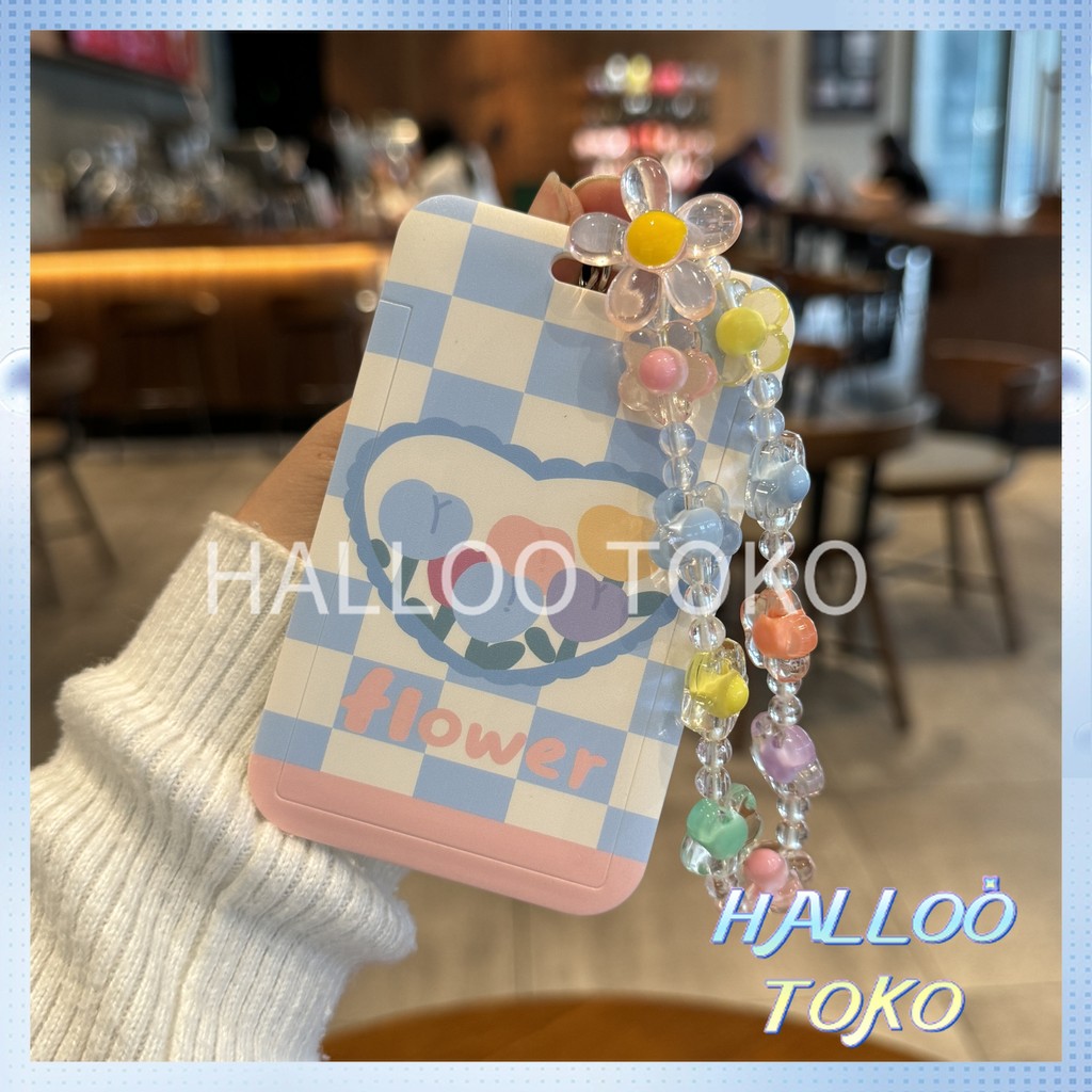 

ID CARD HOLDER MOTIF KAWAII TEMPAT KARTU PHOTOCARD PHOTO CARD Pelindung + Tali,Bunga berpetak, dengan gelang tangan yang cantik