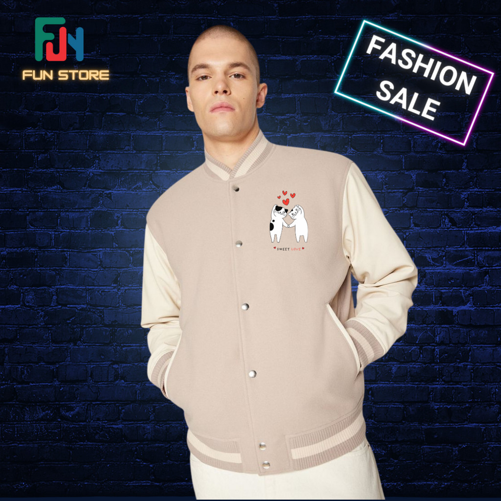 Terbaru Varsity Jaket Coklat Cream kucing lucu Vintage Couple pasangan valentine Oversize S L XL M X