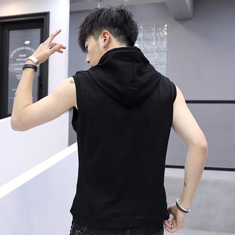 Sports hooded vest for men's summer pure cotton hooded sleeveless t-shirt, slim fit, wearing solid c