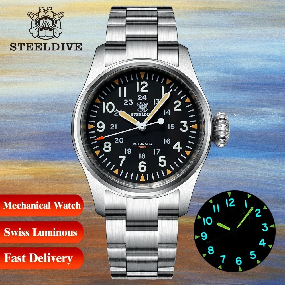 Jam Tangan Pria STEELDIVE SD1928H Pilot Sapphire Crystal NH35 Movement 20Bar Waterproof Swiss Super 