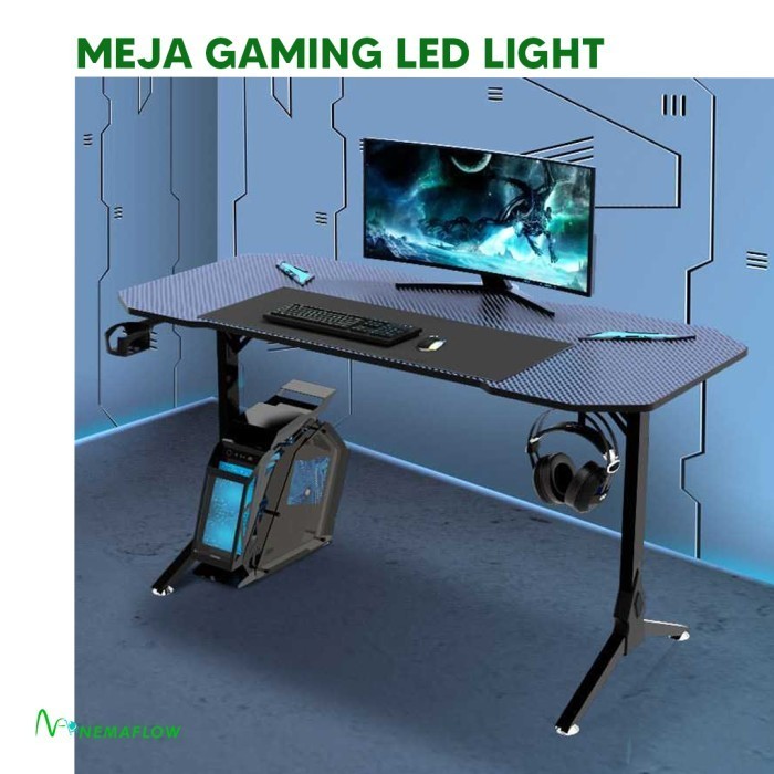 Gaming Desk Table Meja Gaming PC LED RGB Lights Cup Headphone Holder