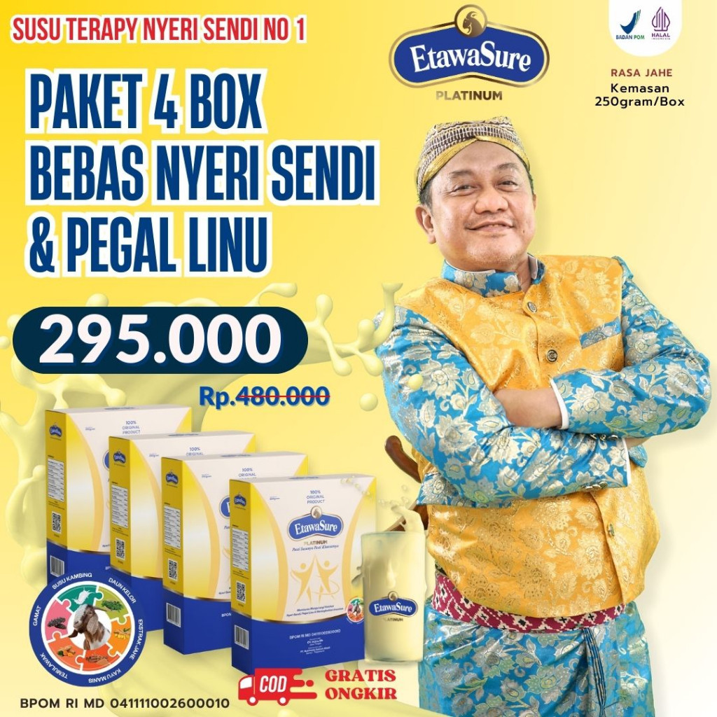 

[Paket Hemat 4 Box 1kg] Susu Kambing Etawasure - Susu Etawasure Untuk Therapy Asam Urat dan Nyeri Sendi, Efektif Atasi Pegal linu, Syaraf Kejepit, Rematik Resmi BPOM - Susu Etawa - Susu Bubuk kambing Etawa Untuk Pegal Lini - Etawasure Untuk Osteoporosis
