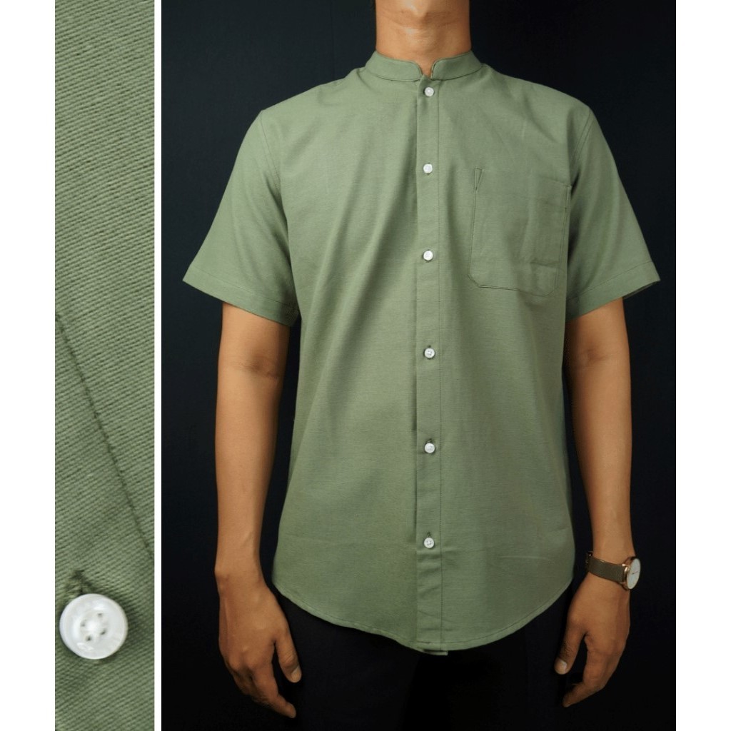 Kemeja Stanley Adams Pria Shanghai Collar Lengan Pendek Hijau Olive Green | Shanghai Shirt | Basic |