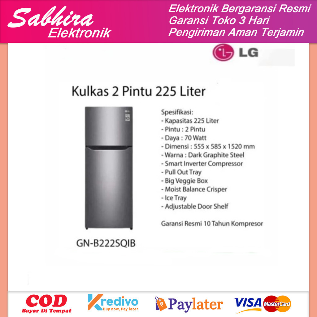 Kulkas LG 2 pintu inverter 225 liter top freezer series gn b222sqib kapasitas besar garansi resmi