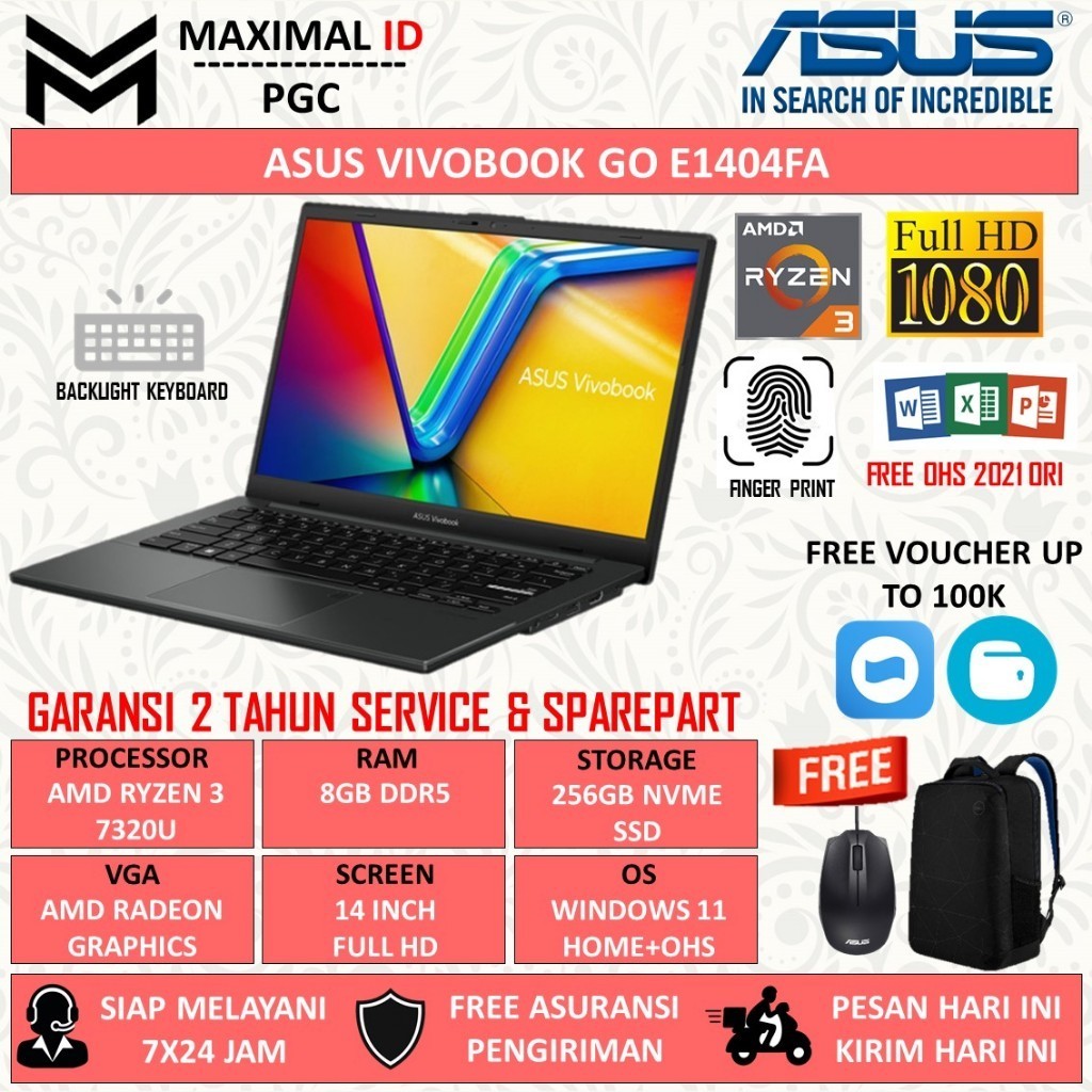 Laptop Gaming Asus Vivobook Go E1404FA Amd Ryzen 3 7320U Ram 8GB DDR5 512GB SSD Full HD Backlit Keyboard Windows 11 Home Black
