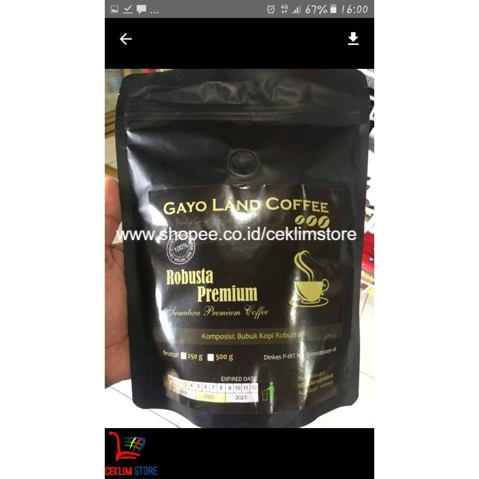 

Gayo Land Coffee Robusta Premium 250 gr