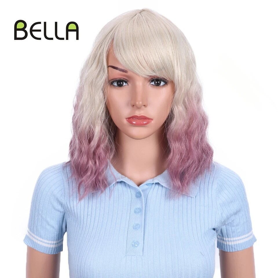 Wig sintetik BELLA rambut pendek Wig sintetis Bob Wig warna ungu ungu ungu merah muda biru dengan Wi