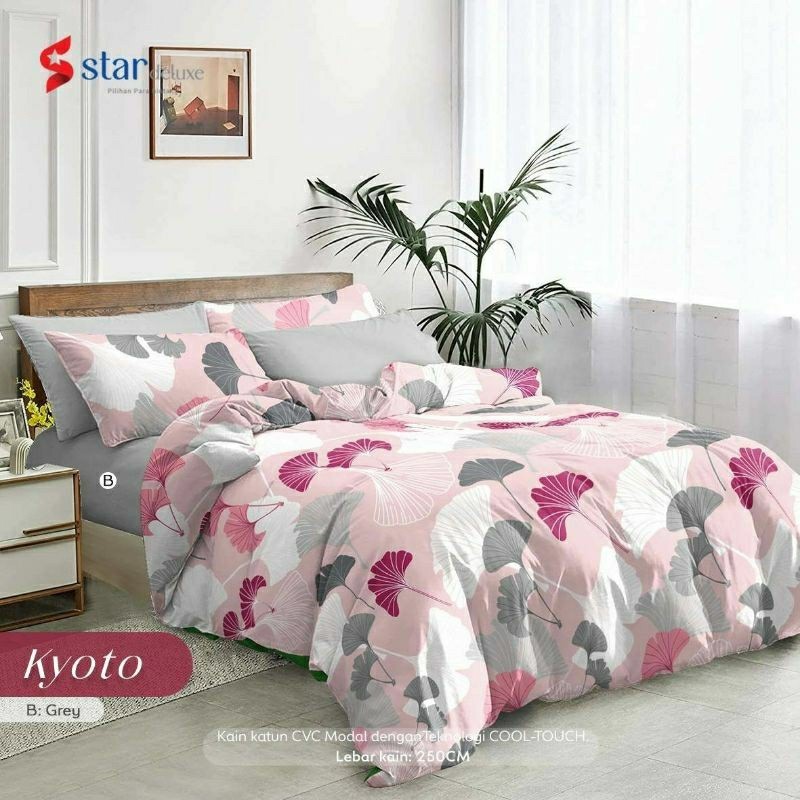 Bedcover + sprei anti geser katun star motif KYOTO pink