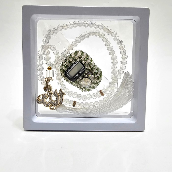 Tasbih digital swarovski dan tasbih kristal/kado islami/box cantik - set mutiara