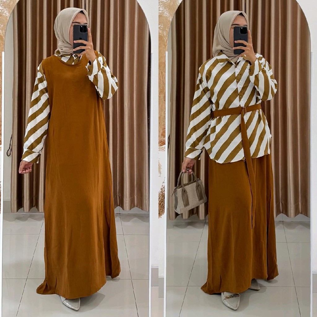 Maxi Dress Yolanda Overall Motif Crinkle Airflow - Gamis Wanita Muslim Lebaran - Midi, Dewasa, Rayon