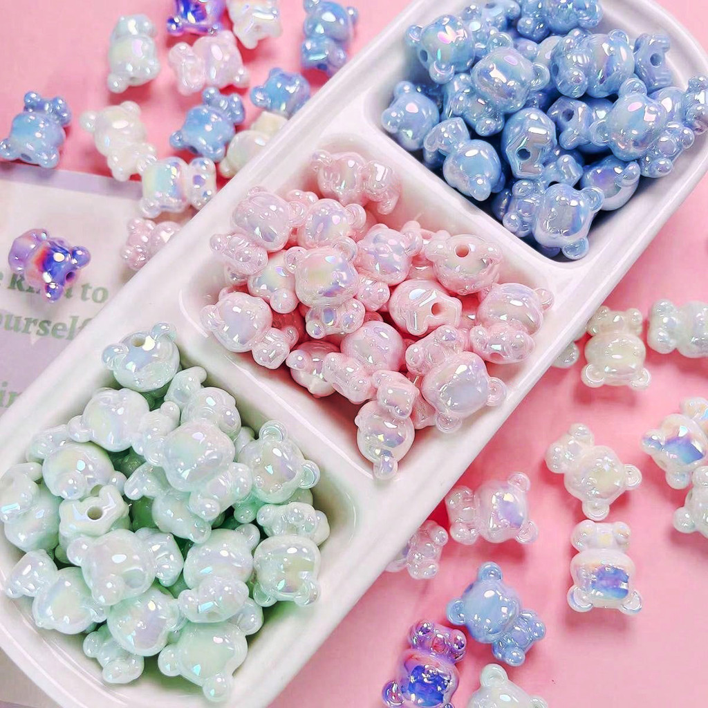 

10pcs acrylic UV plated color luminous cute bear straight hole beading make DIY beading pen keychain jewelry accessories