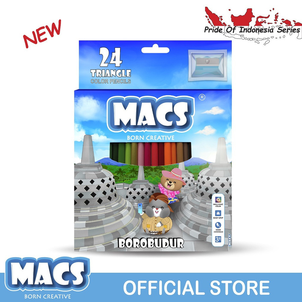 

MACS Pensil Warna Borobudur 24 Color Pencils Indonesia Series Colour Pencil Triangel 24 Warna Free Rautan - SHAGB