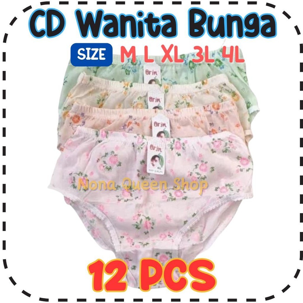 12 Pcs CD Putri Yuliana Celana Dalam Wanita Dewasa Katun Motif Bunga Grosir